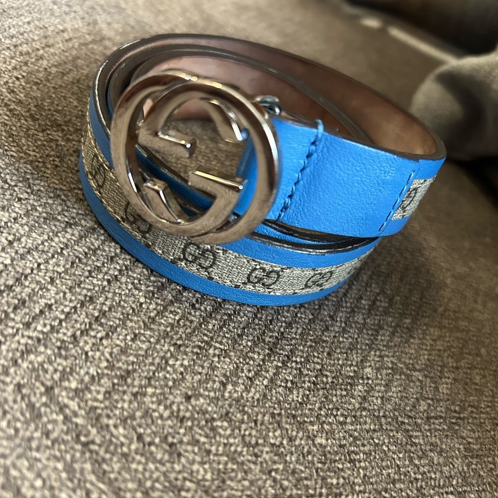 Gucci children’s monogram gg leather blue belt m